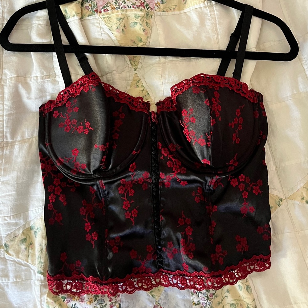 Vintage black and red floral bustier top